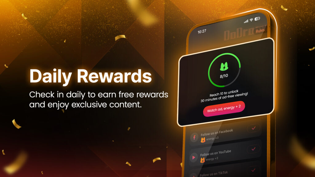 Rewards screen – Do Drama rewards screen showing energy-earning options through ad watching and daily tasks.
